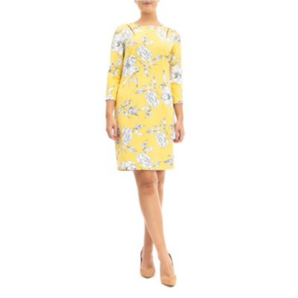 Nina Leonard Yellow Floral Midi Dress